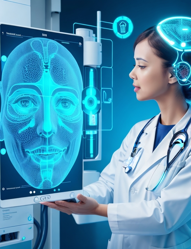 Image of a doctor using AI in Healthcare as a diagnostic tool to analyze a patient's medical data for AI in Healthcare.